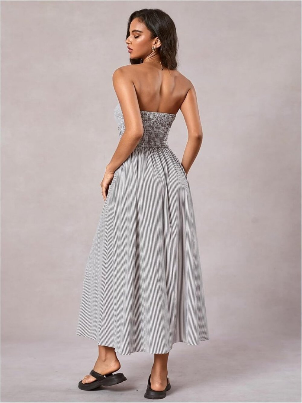 Striped Strapless Maxi Dress - Summer Casual Tube Top with Pockets, Perfect for - Picture 2 of 5